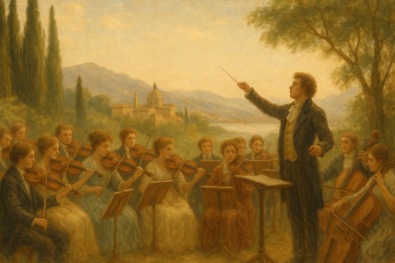 Painting of orchestra playing outdoor